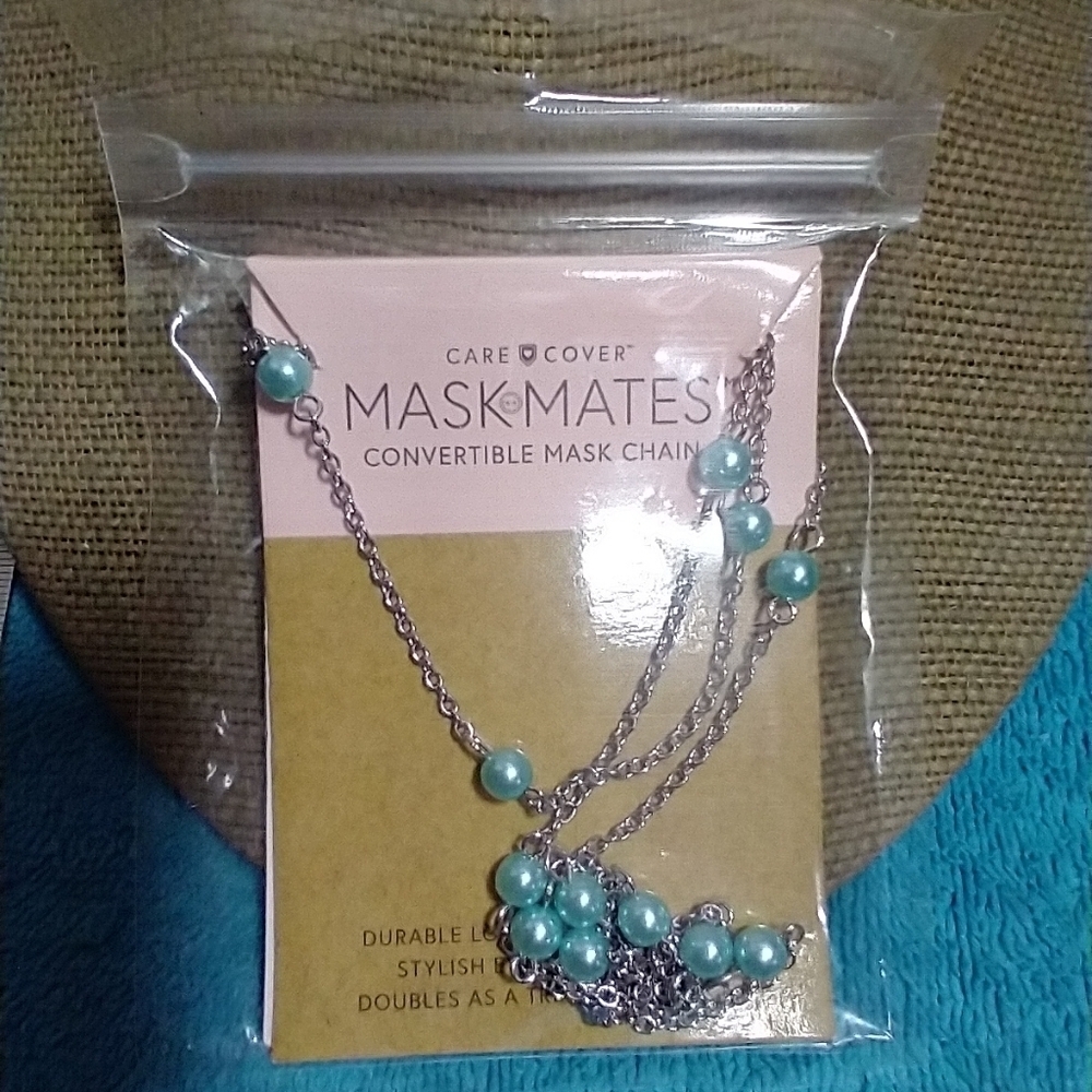 Mask mates convertible mask chain silvertone blue beads